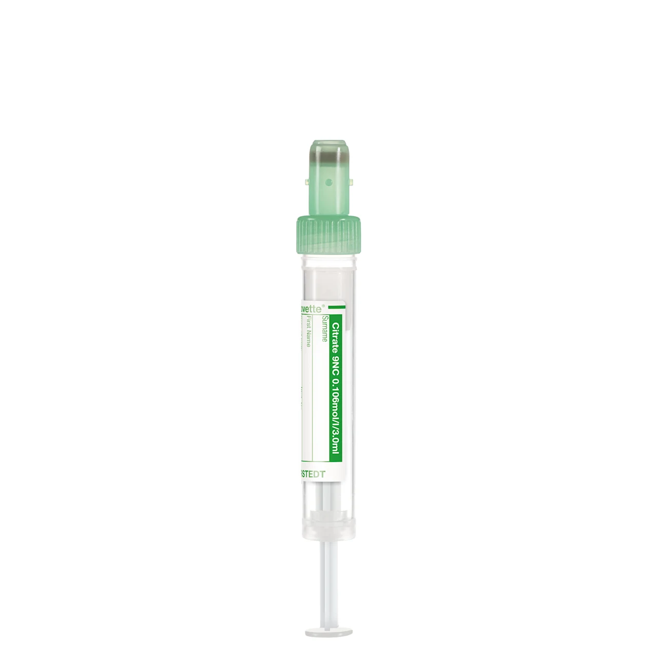 S-Monovette® クエン酸塩 9NC 0.106 mol/l 3.2, 3 ml, キャップ 緑, (LxØ)： 66 x 11 mm, 紙ラベル付き