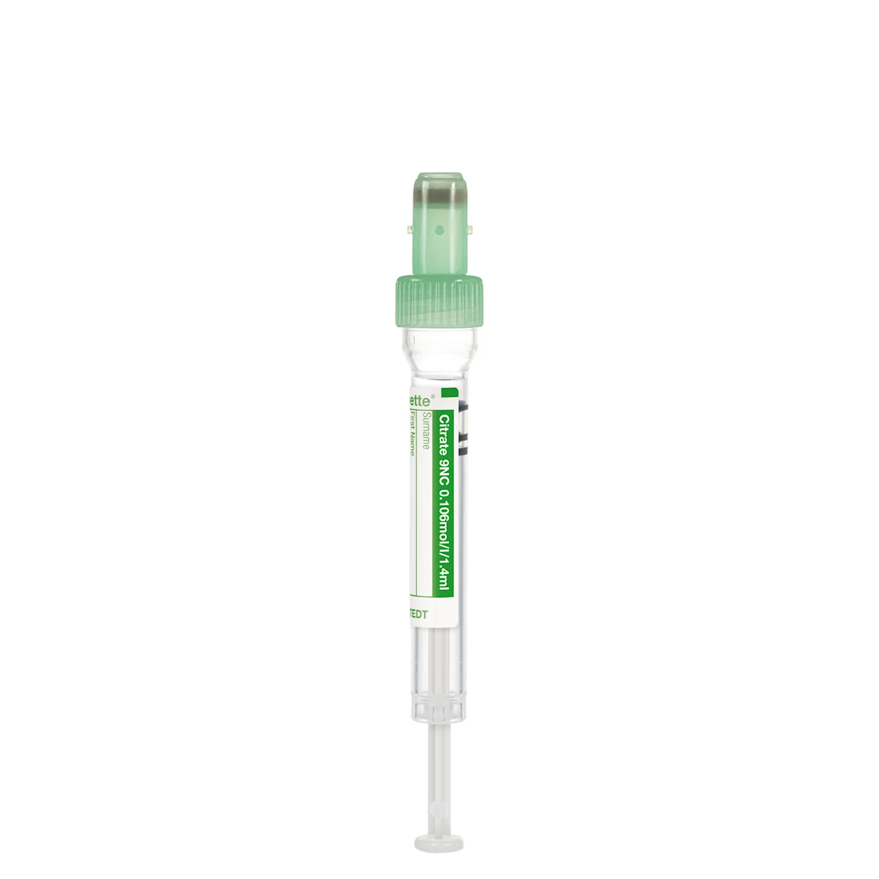 S-Monovette® クエン酸塩 9NC 0.106 mol/l 3.2, 1,4 ml, キャップ 緑, (LxØ)： 66 x 8 mm, プラスチックラベル付き