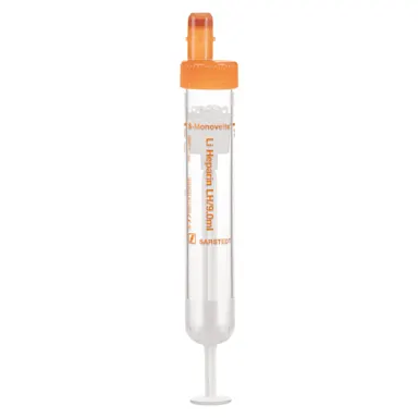S-Monovette® Lithium heparin LH, 9 ml, cap orange, (LxØ): 92 x 16 mm, with plastic label