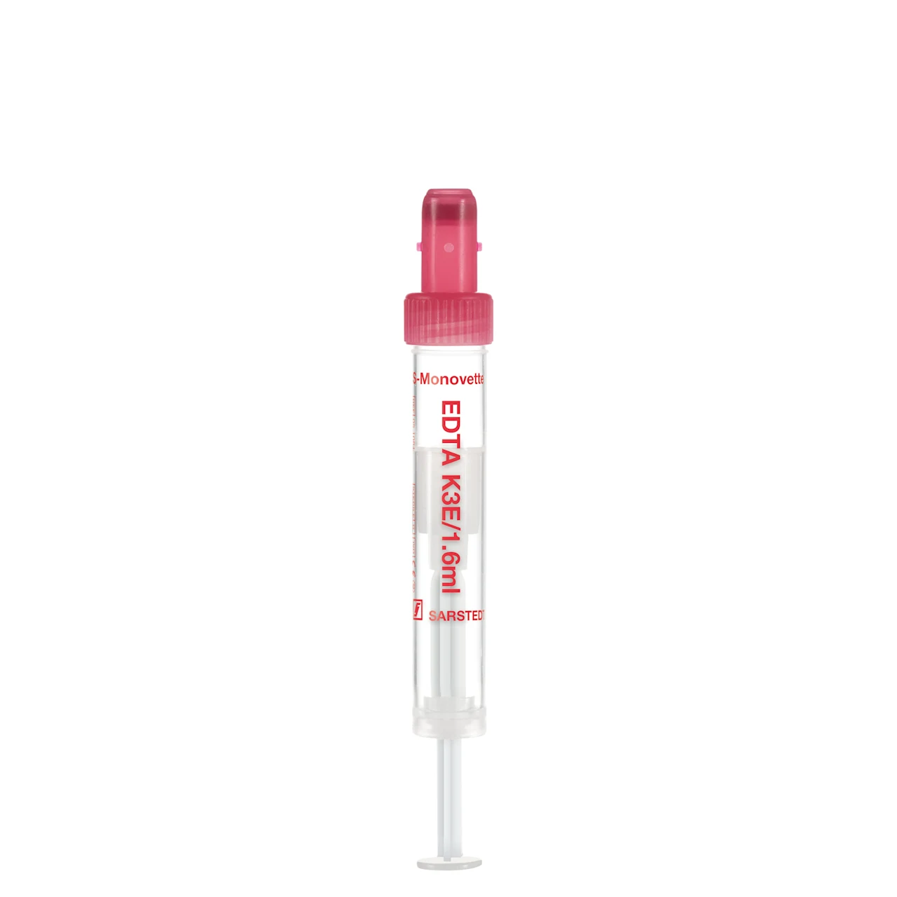 S-Monovette® EDTA K3E, 1,6 ml, キャップ 赤, (LxØ)： 66 x 11 mm, プラスチックラベル付き