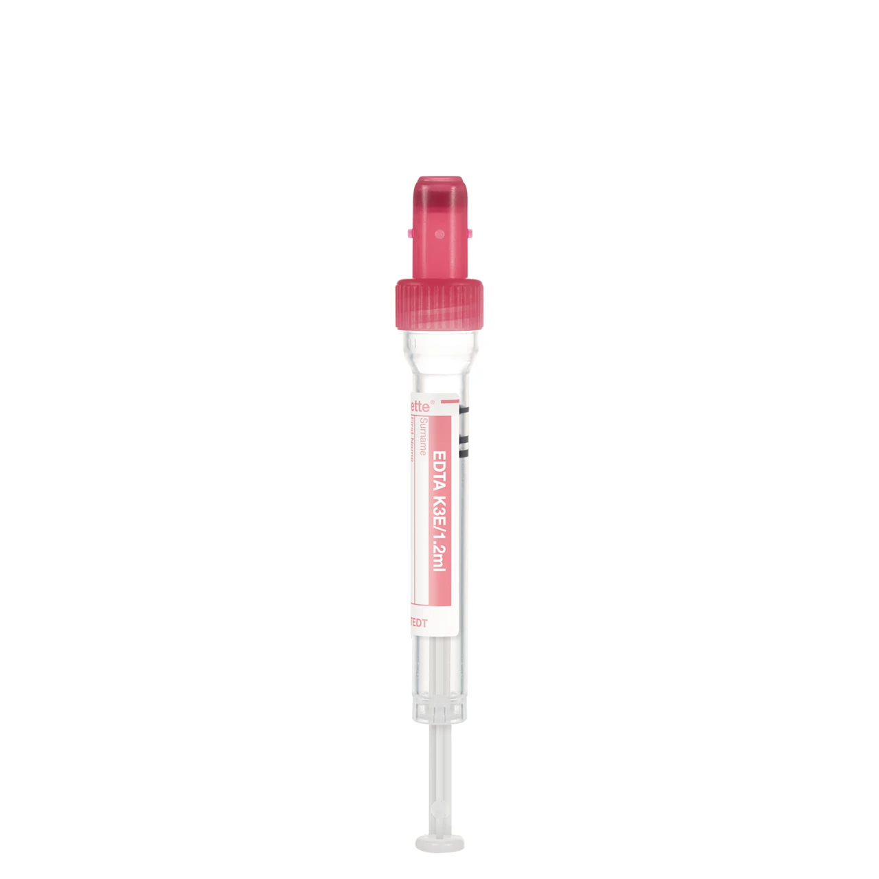 S-Monovette® EDTA K3E, 1,2 ml, キャップ 赤, (LxØ)： 66 x 8 mm, プラスチックラベル付き