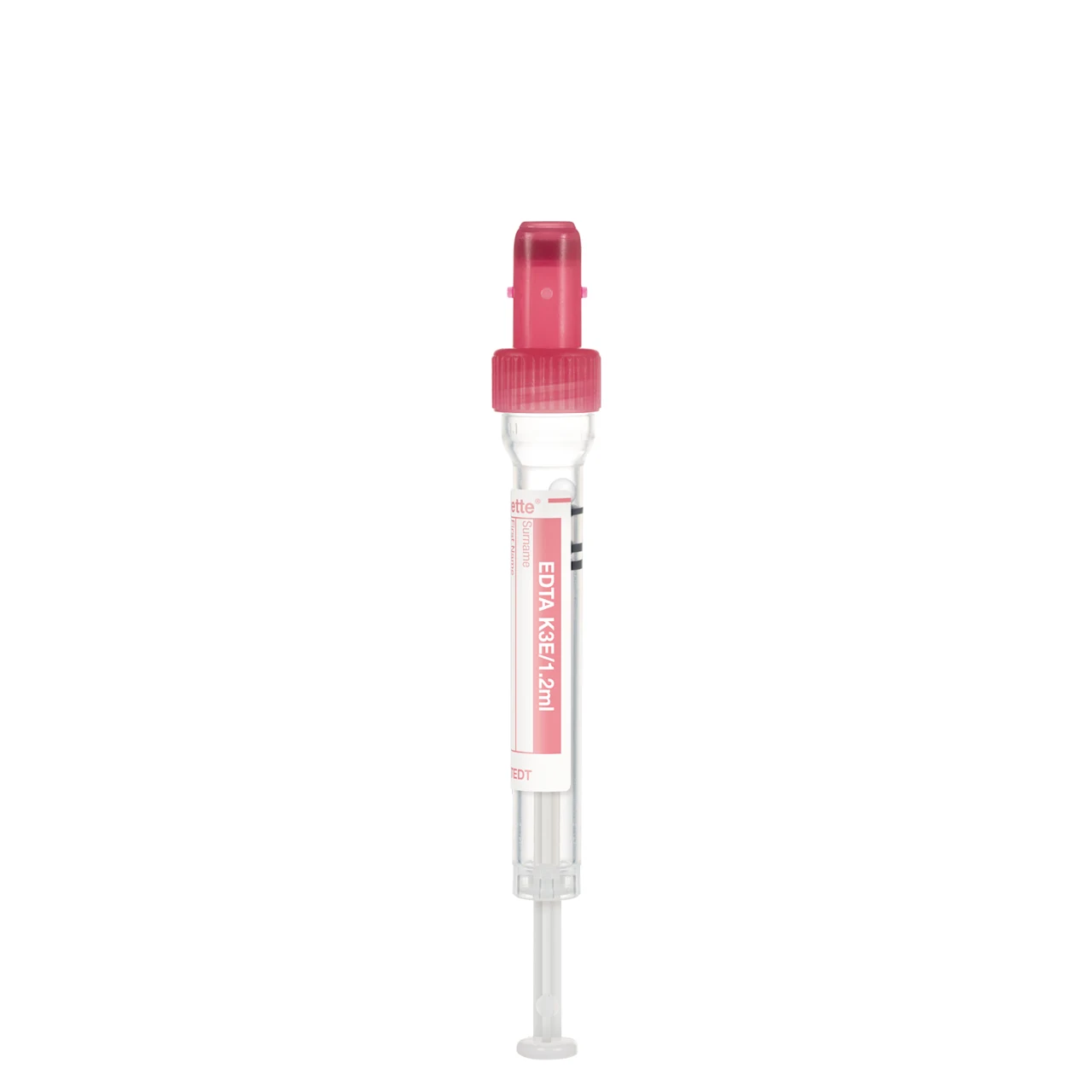 S-Monovette® EDTA K3E, 1,2 ml, キャップ 赤, (LxØ)： 66 x 8 mm, プラスチックラベル付き