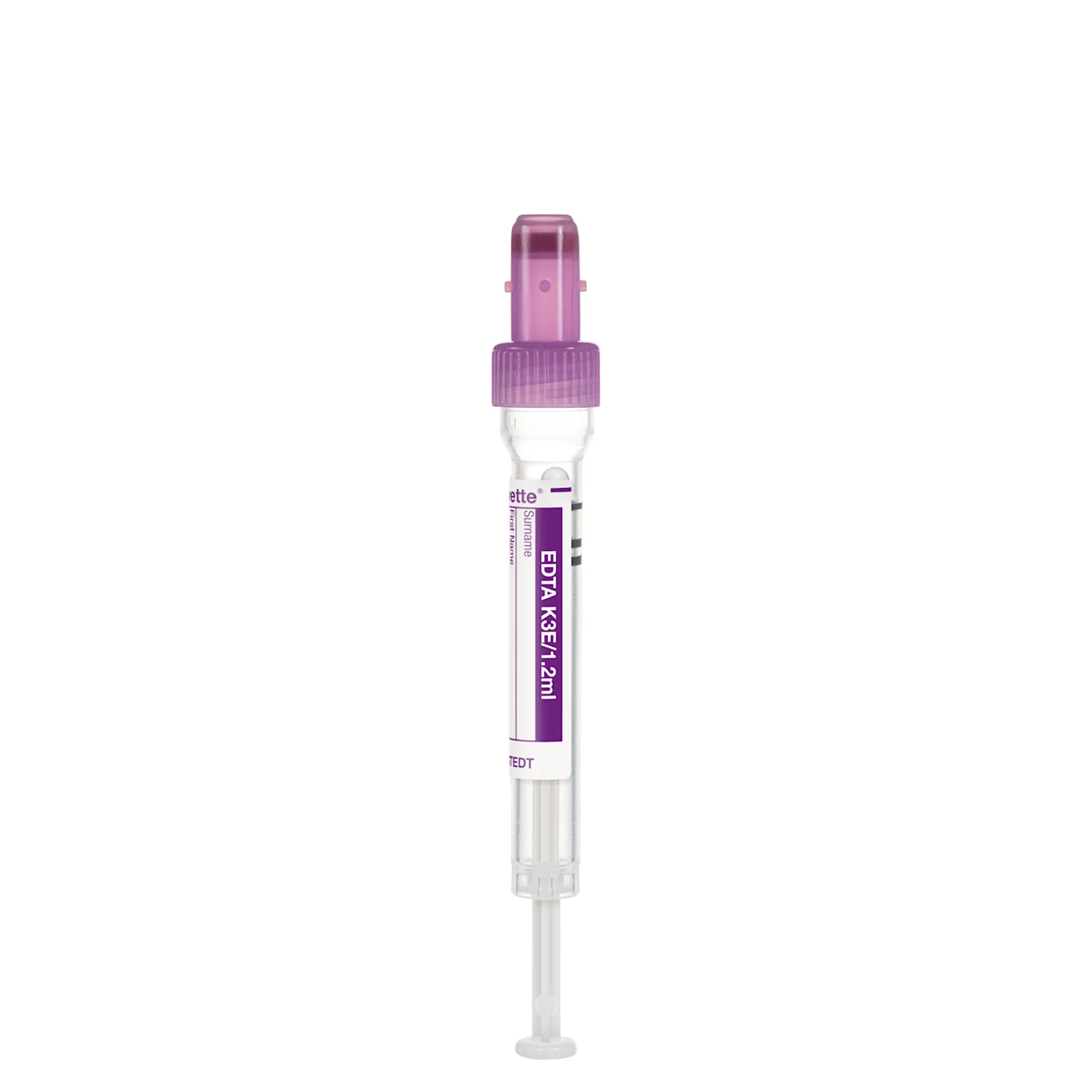 S-Monovette® EDTA K3E, 1,2 ml, キャップ 紫, (LxØ)： 66 x 8 mm, プラスチックラベル付き