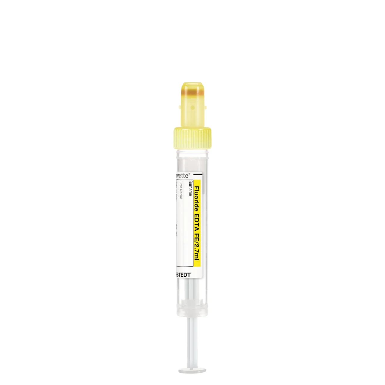 S-Monovette® フッ化物/EDTA FE, 2,7 ml, キャップ 黄, (LxØ)： 66 x 11 mm, 紙ラベル付き