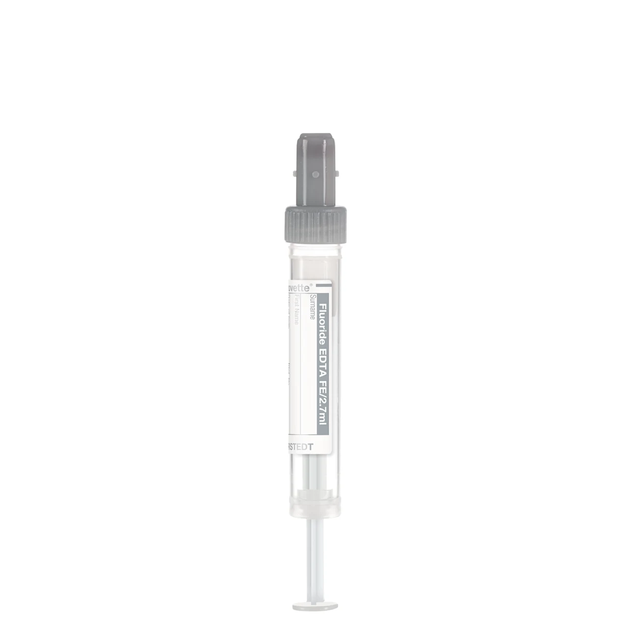 S-Monovette® フッ化物/EDTA FE, 2,7 ml, キャップ 灰色, (LxØ)： 66 x 11 mm, 紙ラベル付き