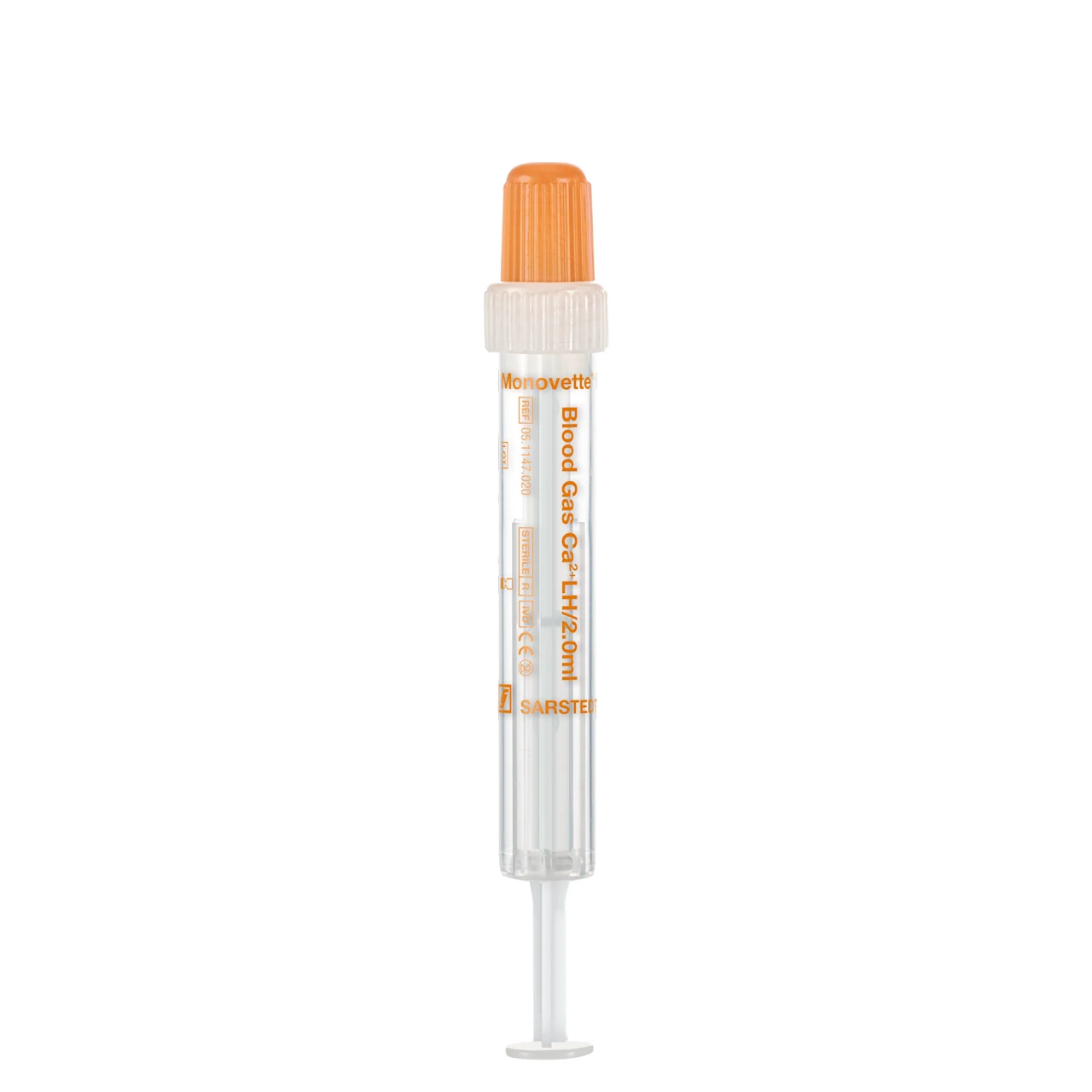 Monovette® Gaz du Sang, héparine de lithium saturée en calcium, 2 ml, bouchon blanc/orange, raccord : Luer (m)