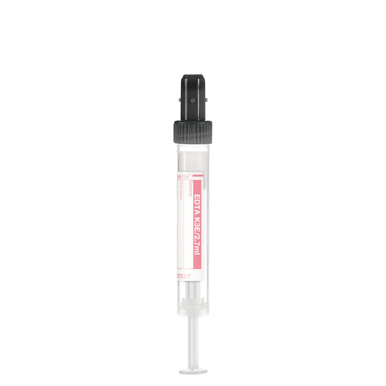 S-Monovette® EDTA K3E, 2,7 ml, キャップ 黒, (LxØ)： 66 x 11 mm, 紙ラベル付き