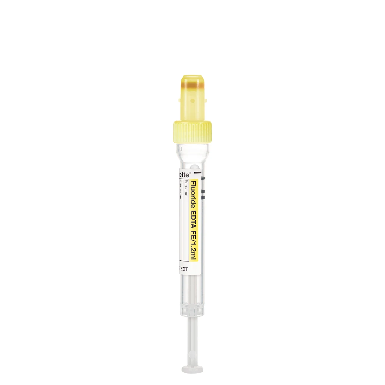 S-Monovette® フッ化物/EDTA FE, 1,2 ml, キャップ 黄, (LxØ)： 66 x 8 mm, プラスチックラベル付き