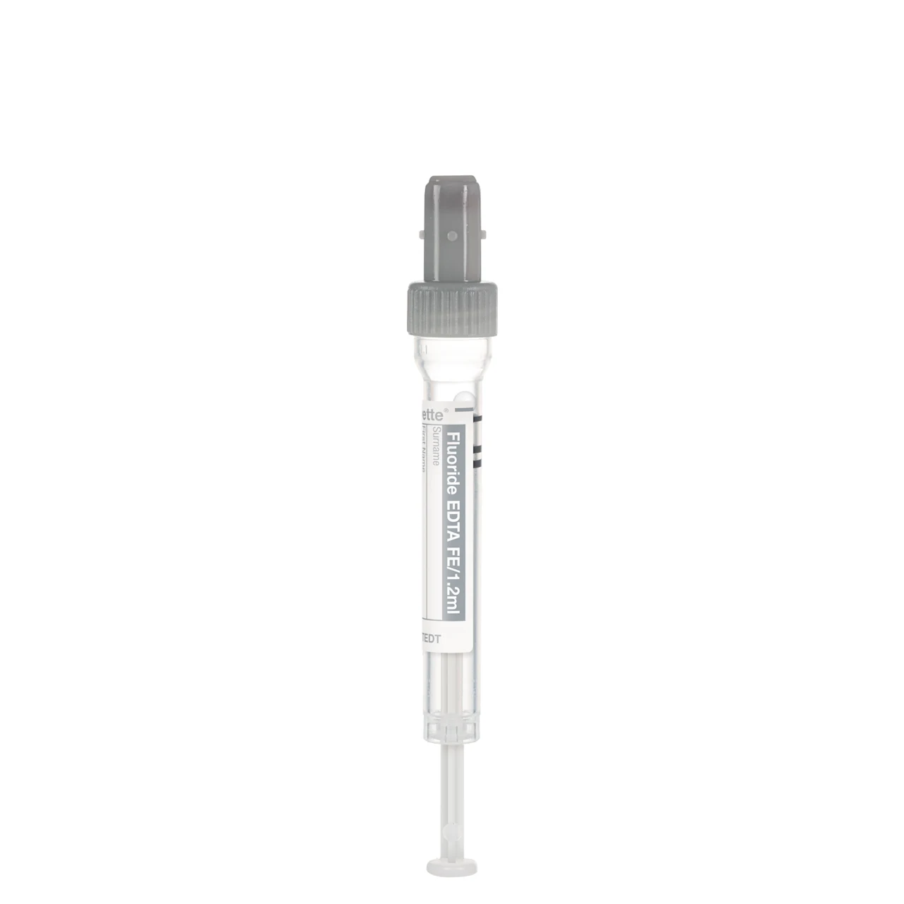 S-Monovette® フッ化物/EDTA FE, 1,2 ml, キャップ 灰色, (LxØ)： 66 x 8 mm, プラスチックラベル付き