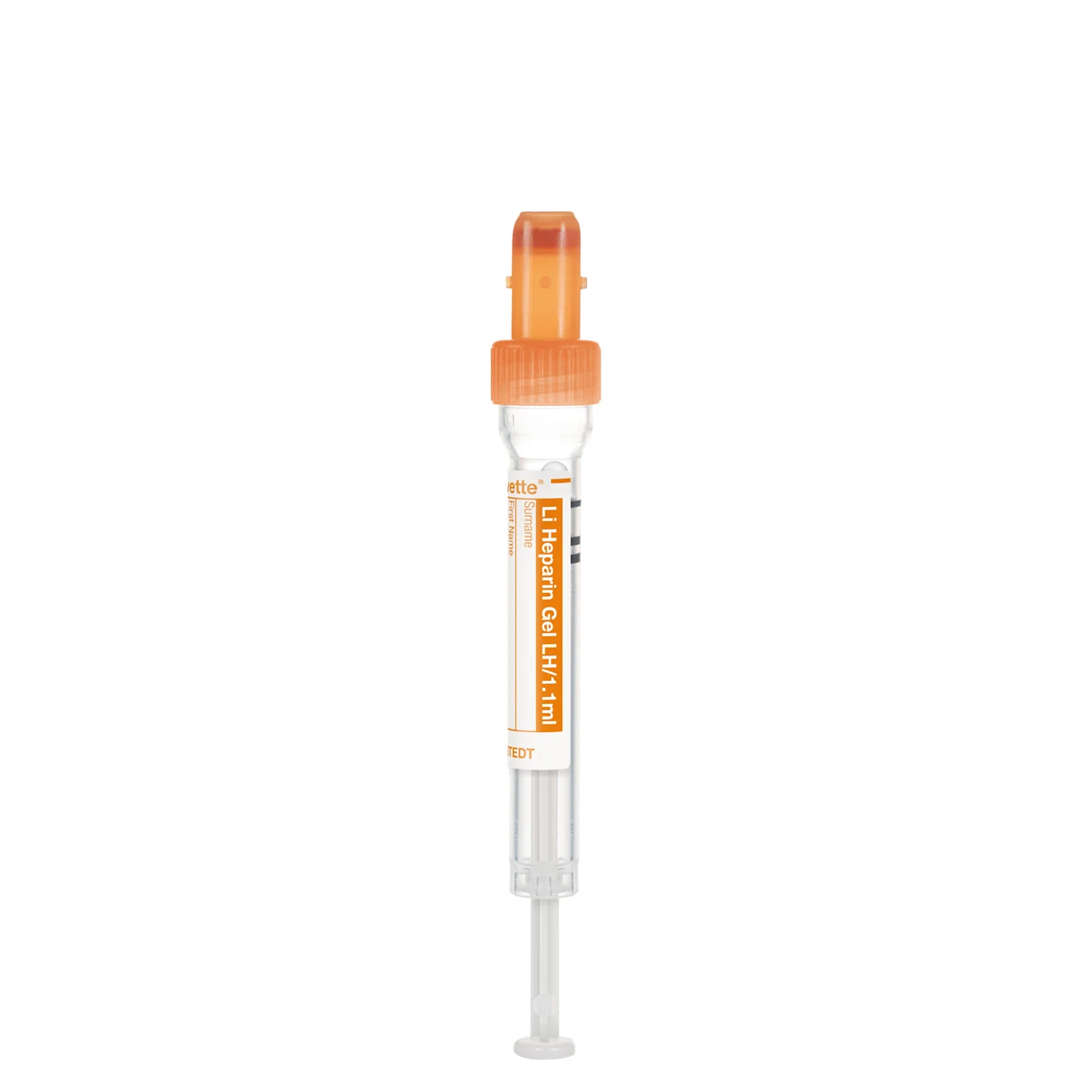 S-Monovette® Lithium heparin gel LH, 1.1 ml, cap orange, (LxØ): 66 x 8 mm, with plastic label