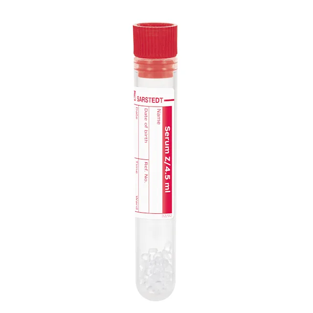 Tubo de amostra, Soro CAT, 4,5 ml, tampa vermelha, (CxØ): 75 x 13 mm, com etiqueta de papel