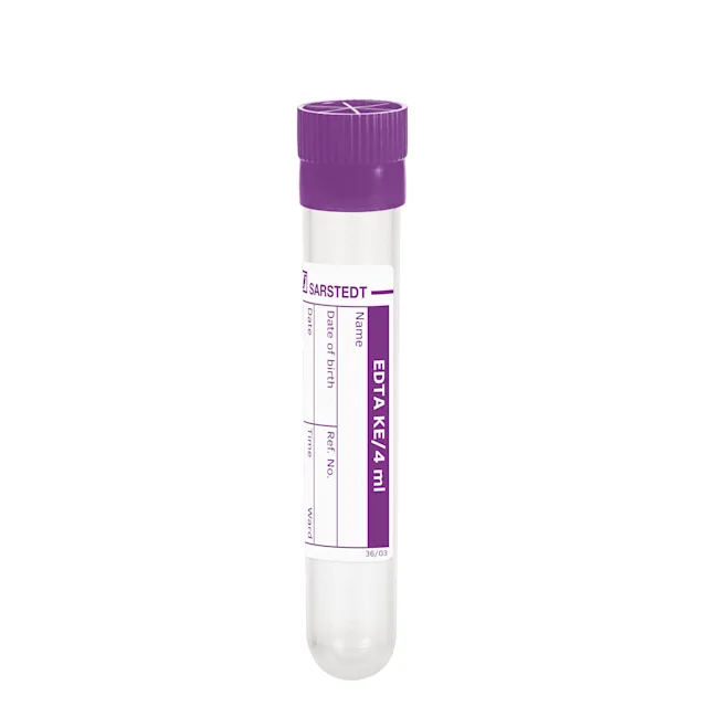 Tubo de amostra, EDTA K3, 4 ml, tampa violeta, (CxØ): 75 x 12 mm, com etiqueta de papel