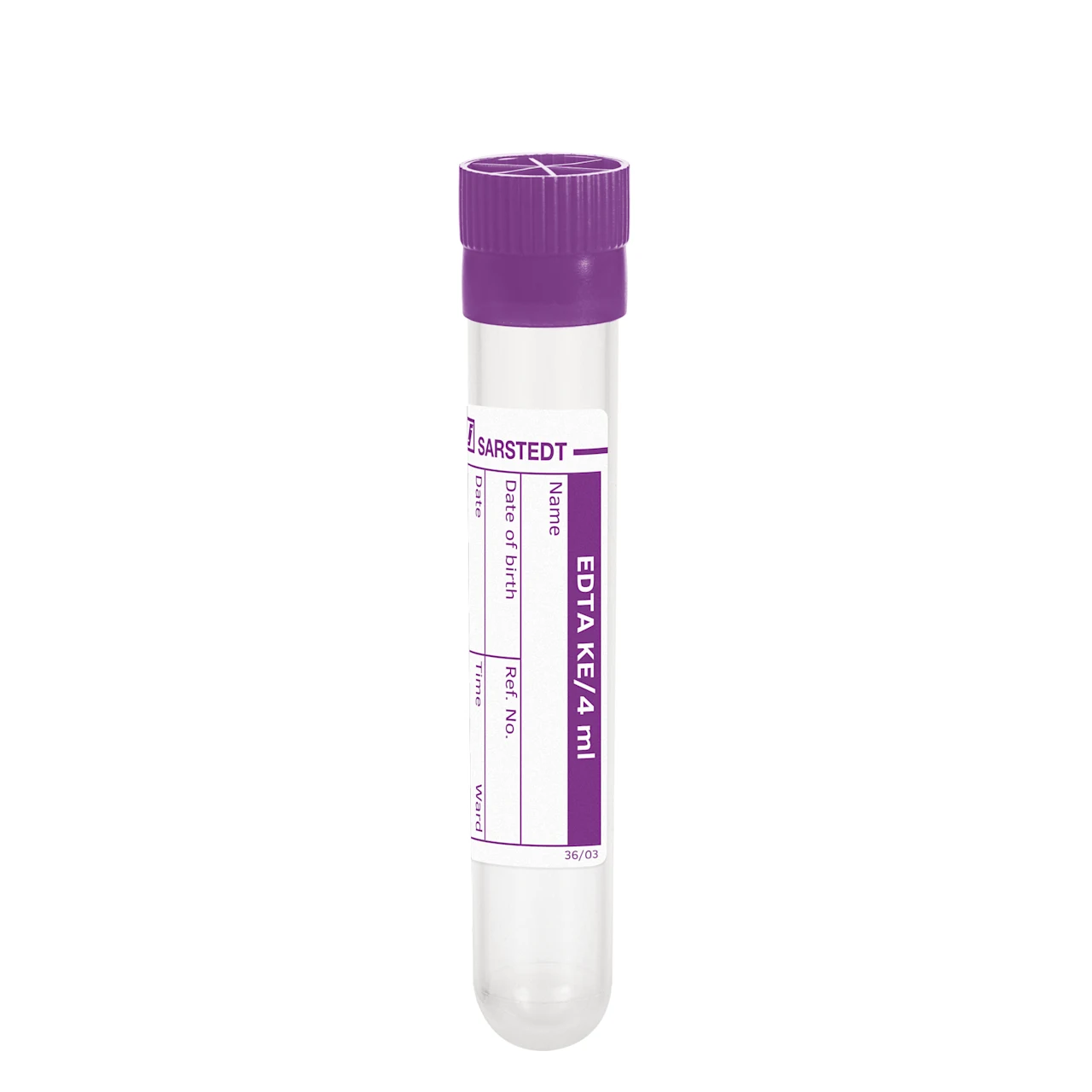 Tubo de muestras, EDTA K3, 4 ml, cierre violeta, (LxØ): 75 x 12 mm, con etiqueta de papel