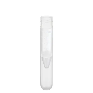 Screw cap tube, 2.5 ml, (LxØ): 75 x 13 mm, conical false bottom, rounded tube bottom, PP, without cap, 1,000 piece(s)/bag