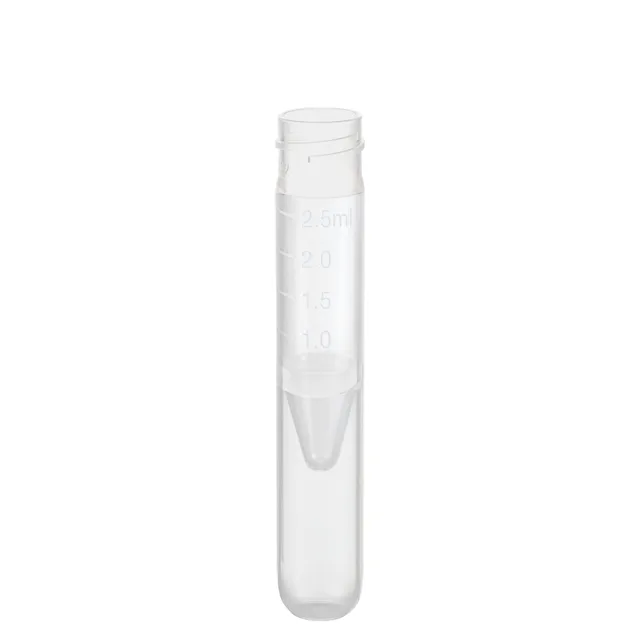 Screw cap tube, 2.5 ml, 2.5 ml, (LxØ): 75 x 13 mm, conical false bottom, rounded tube bottom, PP, without cap, 500 piece(s)/StackPack