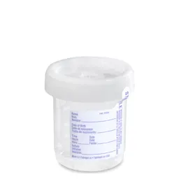 Urine container, 90 ml, (ØxH): 60 x 65 mm, PP, with paper label, transparent