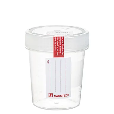 Container with screw cap, 100 ml, (ØxH): 57 x 76 mm, PP, with safety label, transparent