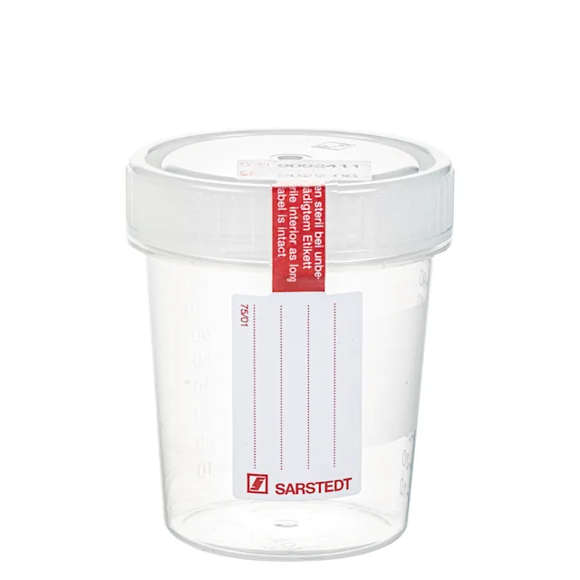 Screw container, 100 ml, (ØxH): 57 x 76 mm, PP, with safety label, transparent