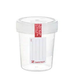 Container with screw cap, 100 ml, (ØxH): 57 x 76 mm, PP, with safety label, transparent