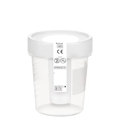 Urine container NFT, 100 ml, (ØxH): 57 x 76 mm, PP, with safety label, with integrated needle-free transfer unit, transparent