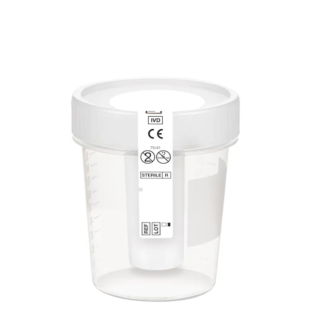 Urine container NFT, 100 ml, (ØxH): 57 x 76 mm, PP, with safety label, with integrated needle-free transfer unit, transparent