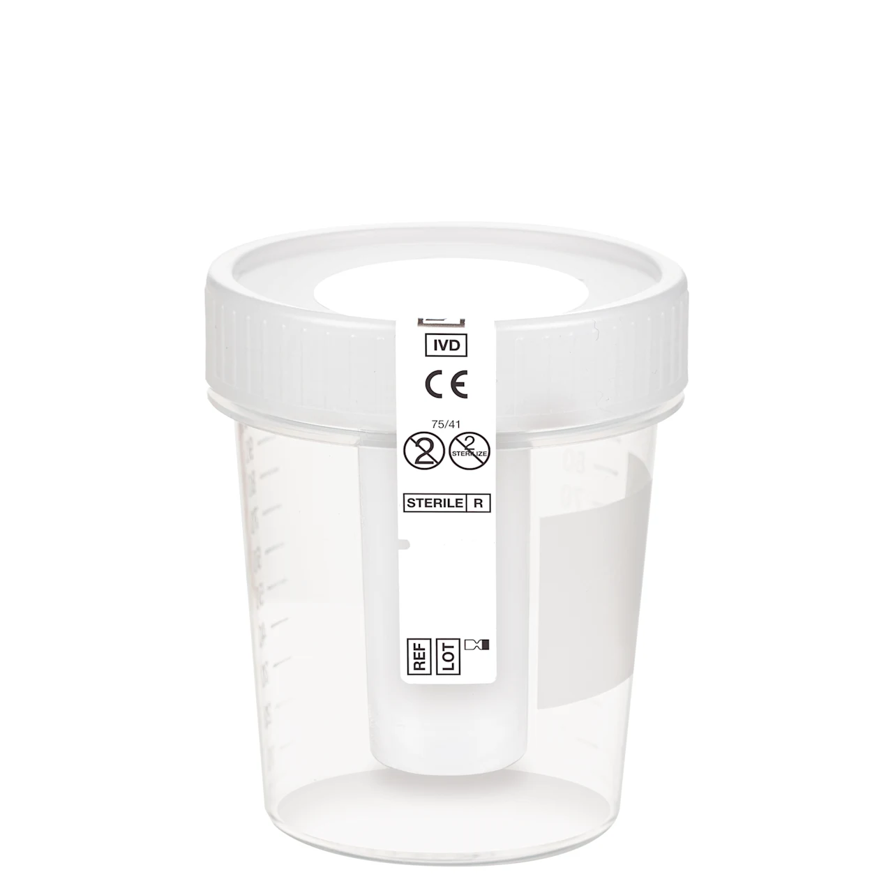 Urine container NFT, 100 ml, (ØxH): 57 x 76 mm, PP, with safety label, with integrated needle-free transfer unit, transparent
