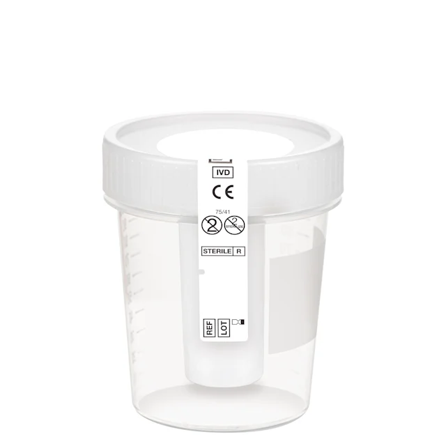 Pot de recueil des urines NFT, 100 ml, (Ø x h) : 57 x 76 mm, PP, avec étiquette de sécurité, avec dispositif de transfert intégré sans aiguille, transparent