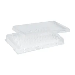Plaque pour microtitration, 96 puits, couvercle coiffant, fond plat, PS, transparent