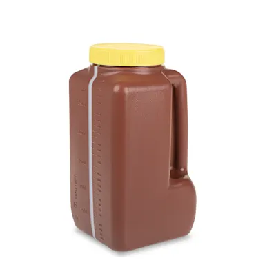Urine container, 3 l, with inspection strip and enclosed label with instructions for use, brown, with light protection, graduated