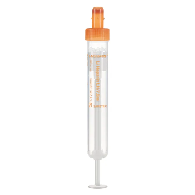 S-Monovette® Lithium heparin LH, 7.5 ml, cap orange, (LxØ): 92 x 15 mm, with plastic label
