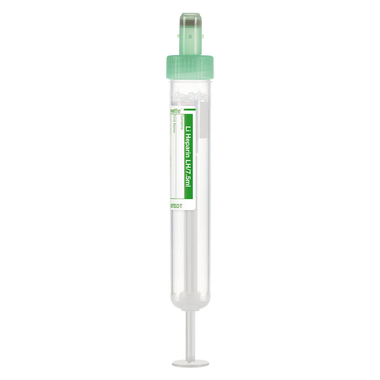 S-Monovette® Lithium heparin LH, 7.5 ml, cap green, (LxØ): 92 x 15 mm, with paper label