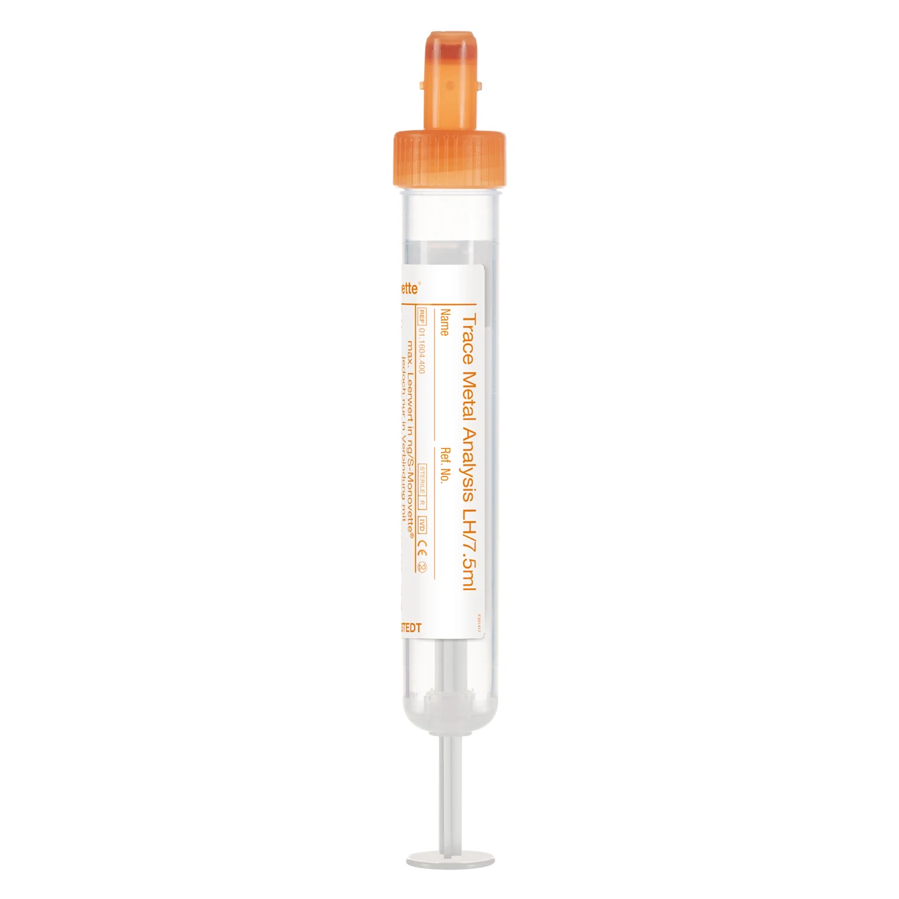 S-Monovette® 金属分析 LH, 7,5 ml, キャップ オレンジ, (LxØ)： 92 x 15 mm, 紙ラベル付き