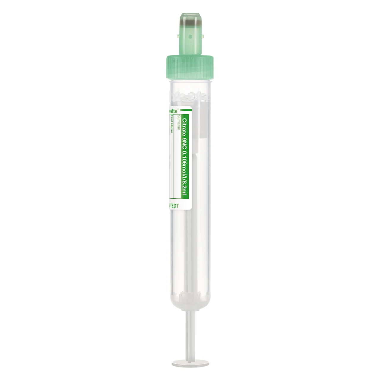 S-Monovette® クエン酸塩 9NC 0.106 mol/l 3.2, 8,2 ml, キャップ 緑, (LxØ)： 92 x 15 mm, 紙ラベル付き