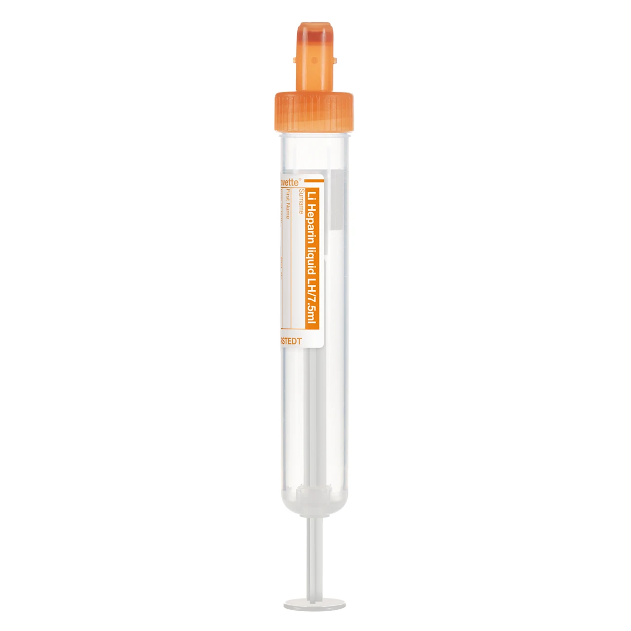 S-Monovette® Lithium heparin LH, fluid, 7.5 ml, cap orange, (LxØ): 92 x 15 mm, with paper label