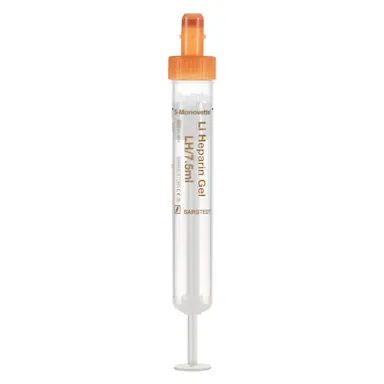 S-Monovette® Lithium heparin gel LH, 7.5 ml, cap orange, (LxØ): 92 x 15 mm, with plastic label