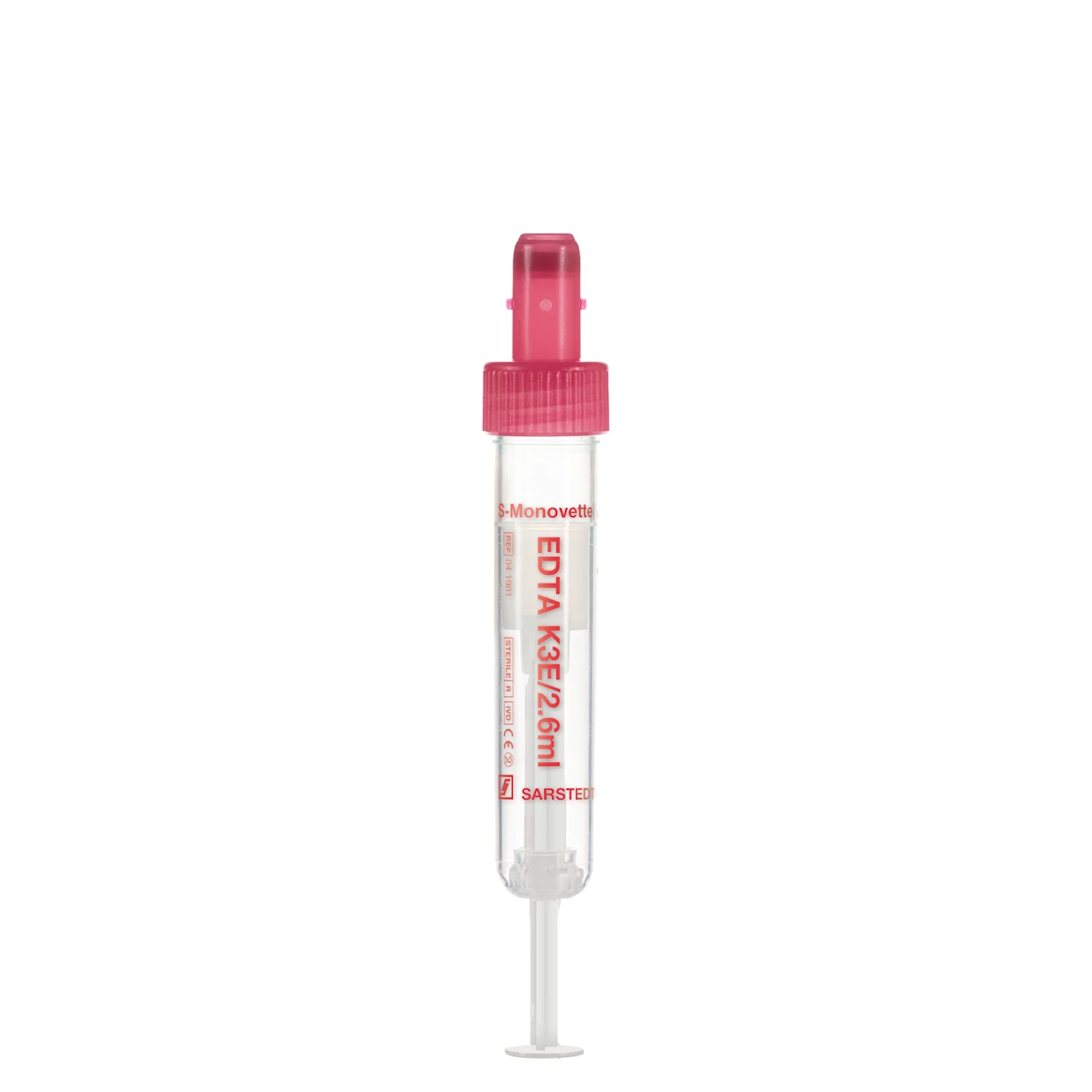 S-Monovette® EDTA K3E, 2,6 ml, キャップ 赤, (LxØ)： 65 x 13 mm, プラスチックラベル付き
