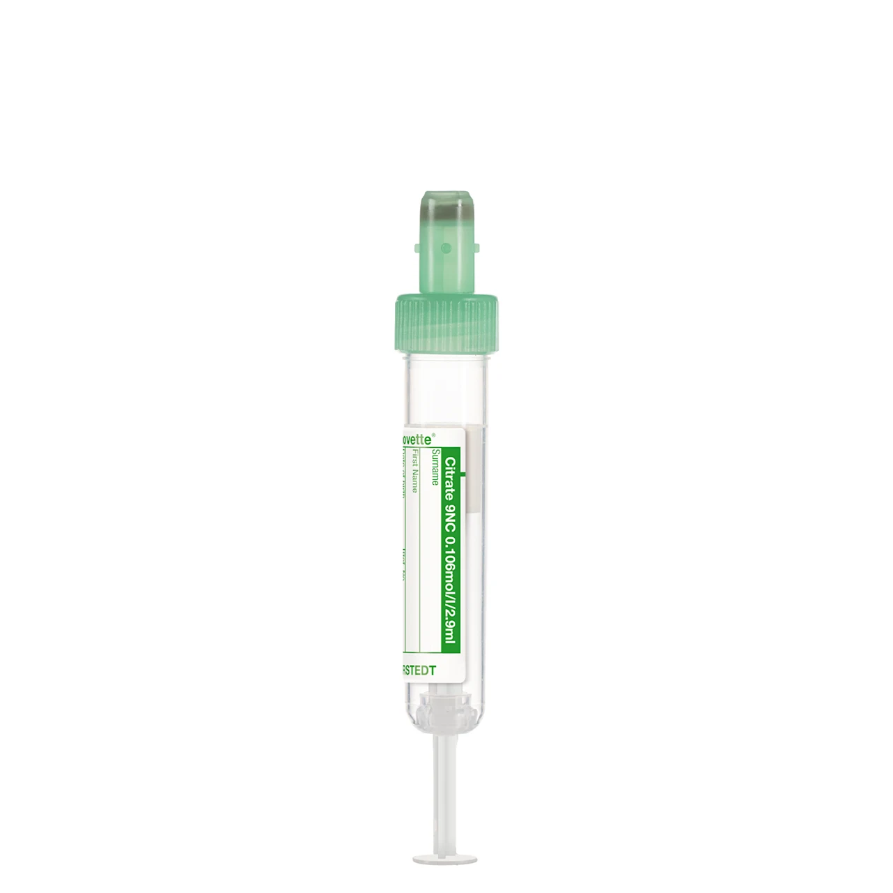 S-Monovette® クエン酸塩 9NC 0.106 mol/l 3.2, 2,9 ml, キャップ 緑, (LxØ)： 65 x 13 mm, 紙ラベル付き
