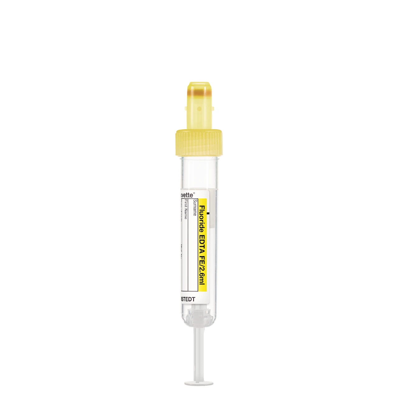 S-Monovette® フッ化物/EDTA FE, 2,6 ml, キャップ 黄, (LxØ)： 65 x 13 mm, 紙ラベル付き