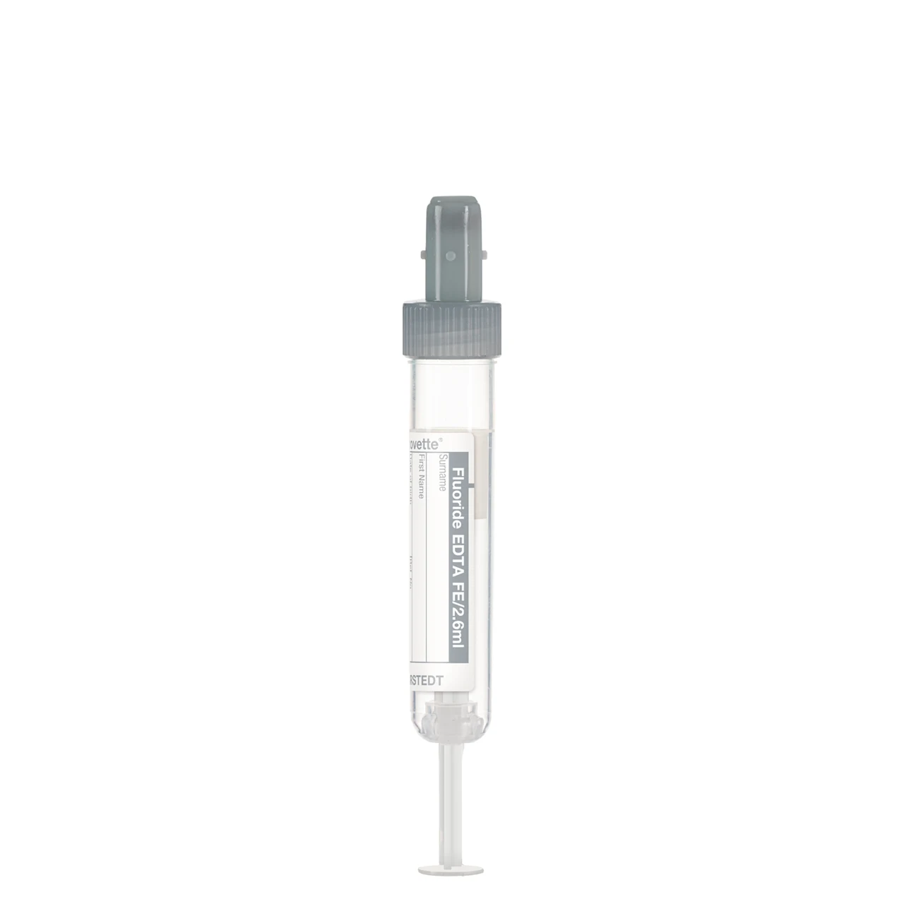 S-Monovette® フッ化物/EDTA FE, 2,6 ml, キャップ 灰色, (LxØ)： 65 x 13 mm, 紙ラベル付き