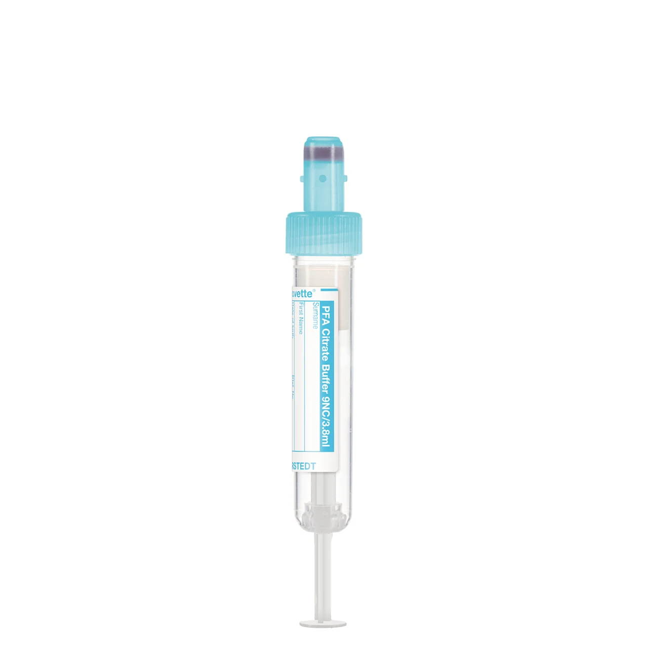 S-Monovette® PFA、クエン酸塩 9NC 0.129 mol/l 3.8%緩衝液, 3,8 ml, キャップ 水色, (LxØ)： 65 x 13 mm, 紙ラベル付き
