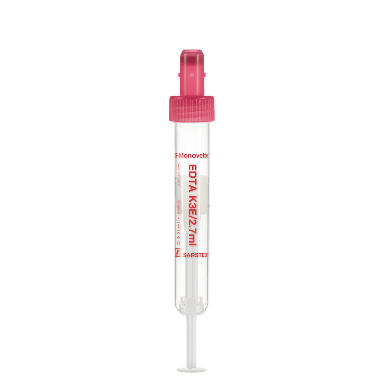 S-Monovette® EDTA K3E, 2,7 ml, キャップ 赤, (LxØ)： 75 x 13 mm, プラスチックラベル付き