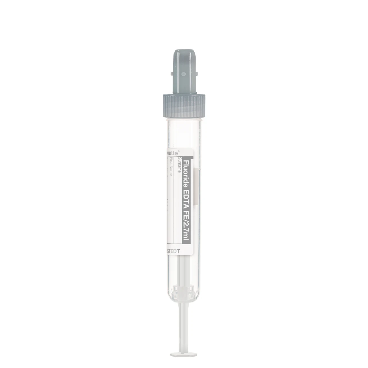 S-Monovette® フッ化物/EDTA FE, 2,7 ml, キャップ 灰色, (LxØ)： 75 x 13 mm, 紙ラベル付き