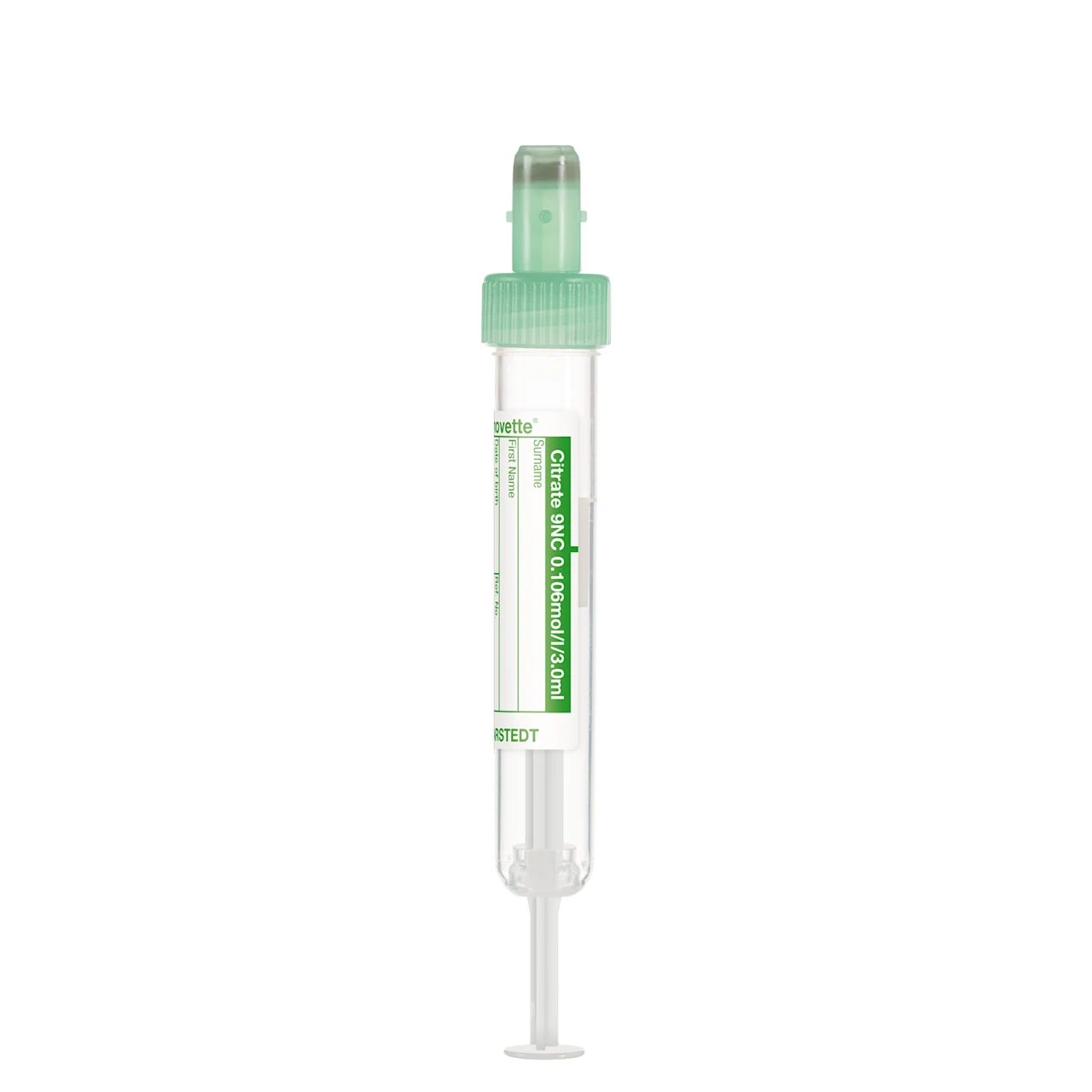 S-Monovette® クエン酸塩 9NC 0.106 mol/l 3.2, 3 ml, キャップ 緑, (LxØ)： 75 x 13 mm, 紙ラベル付き