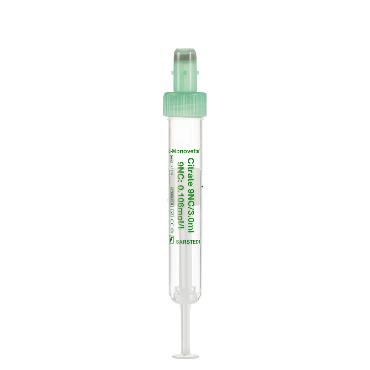 S-Monovette® クエン酸塩 9NC 0.106 mol/l 3.2, 3 ml, キャップ 緑, (LxØ)： 75 x 13 mm, プラスチックラベル付き