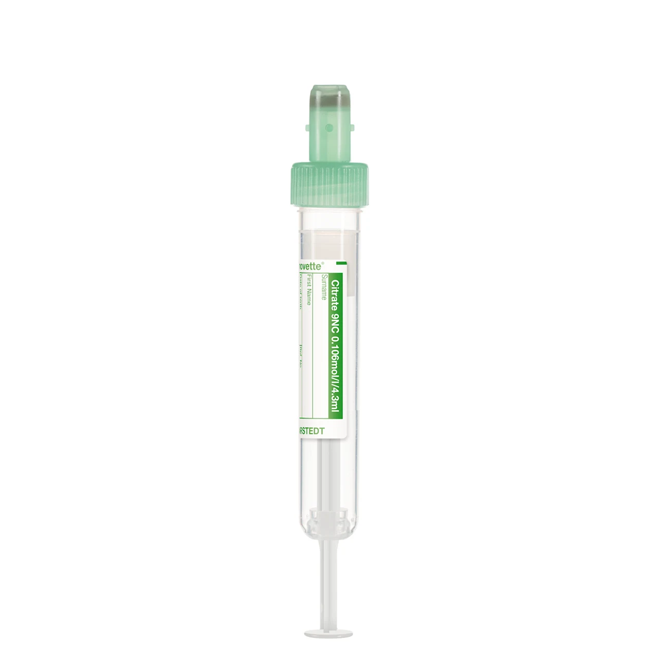S-Monovette® クエン酸塩 9NC 0.106 mol/l 3.2, 4,3 ml, キャップ 緑, (LxØ)： 75 x 13 mm, 紙ラベル付き