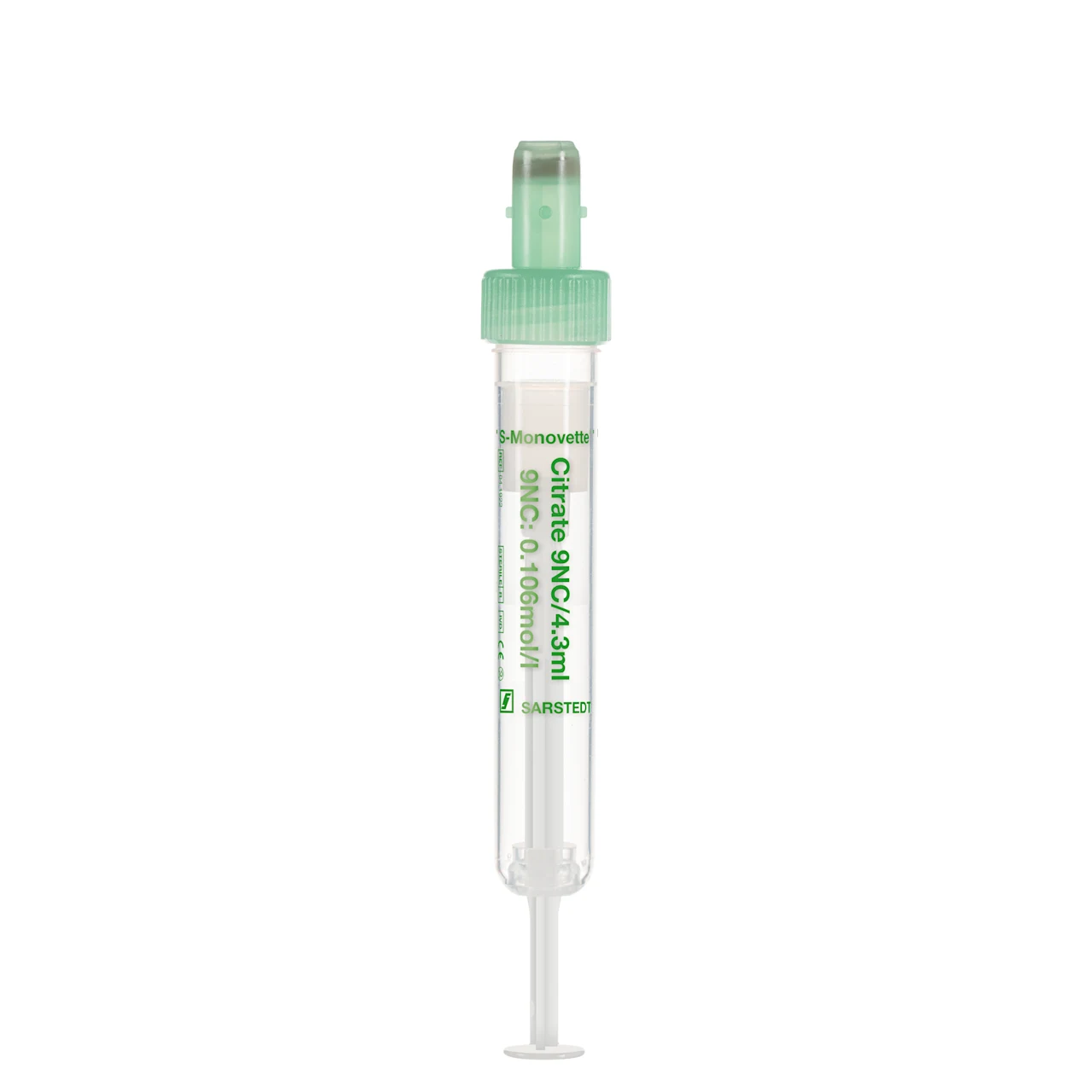 S-Monovette® クエン酸塩 9NC 0.106 mol/l 3.2, 4,3 ml, キャップ 緑, (LxØ)： 75 x 13 mm, プラスチックラベル付き