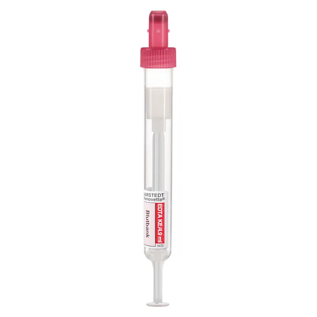 S-Monovette® EDTA K3E, 4.9 ml, cap red, (LxØ): 90 x 13 mm, with paper label