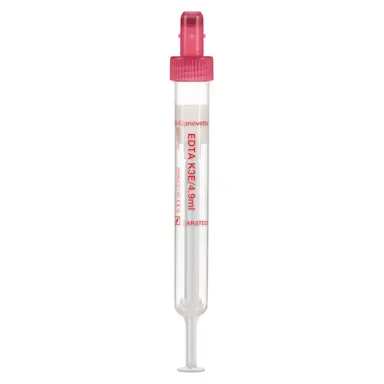 S-Monovette® EDTA K3E, 4.9 ml, cap red, (LxØ): 90 x 13 mm, with plastic label