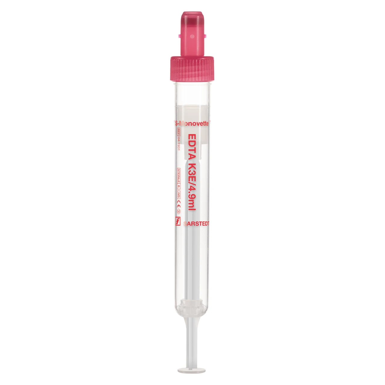 S-Monovette® EDTA K3E, 4,9 ml, キャップ 赤, (LxØ)： 90 x 13 mm, プラスチックラベル付き