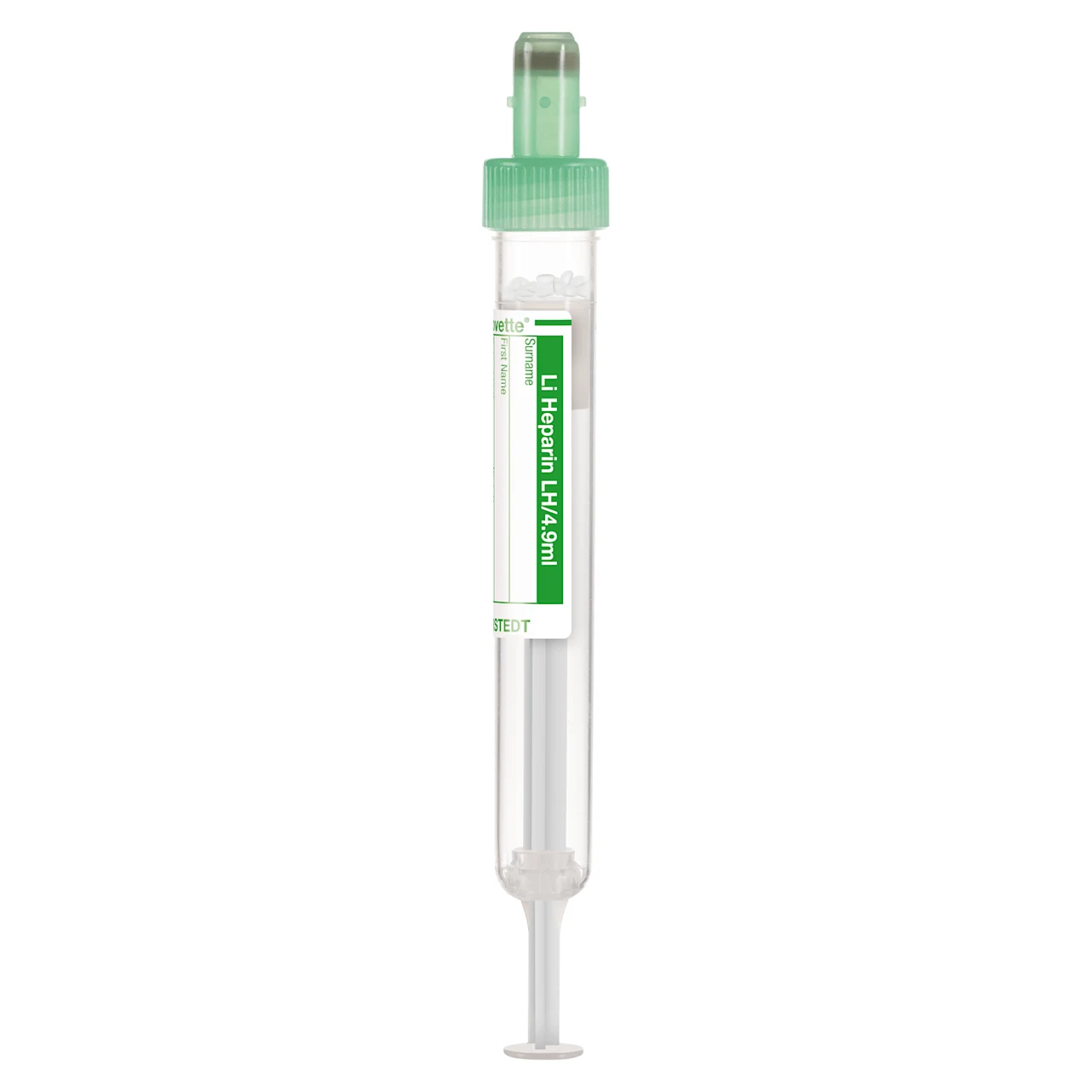 S-Monovette® Lithium heparin LH, 4.9 ml, cap green, (LxØ): 90 x 13 mm, with paper label